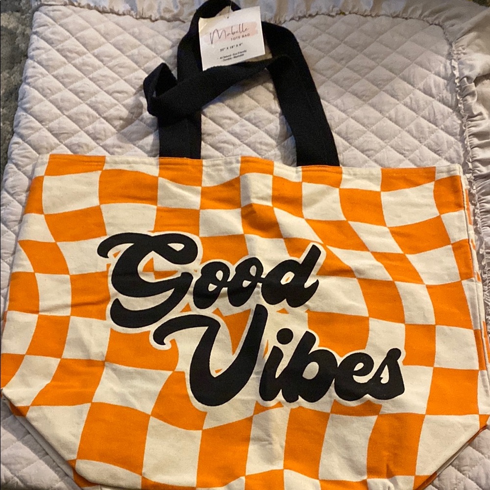 Orange Checkered Tote Bag with Black Straps